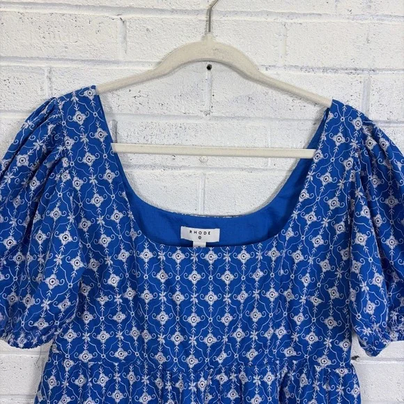Rhode for Target Babydoll Dress M Blue Embroidered Eyelet Puff Sleeves Pockets - Picture 3 of 12